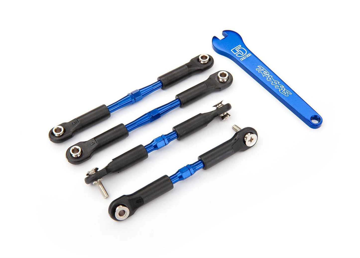Turnbuckles aluminum (blue-anodized) camber links front 39mm (2) camber links rear 49mm (2) (assembled with rod ends & hollow balls)/ aluminum 5mm wrench (blue-anodized)