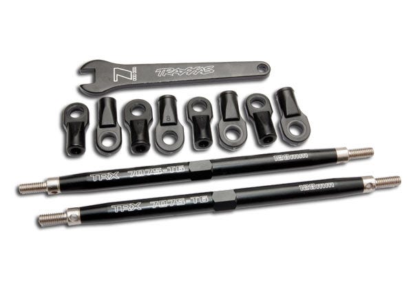 Toe links Revo (TUBES 7075-T6 aluminum black)(128mm fits front or rear) (2)/ rod ends rear (4)/ rod ends front (4)/ wrench (1)