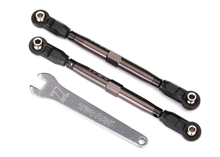 Toe links front Unlimited Desert Racer (TUBES dark titanium anodized 7075-T6 aluminum stronger than titanium) (102mm) (2) (assembled with rod ends and hollow balls)/ aluminum wrench 7mm (1)