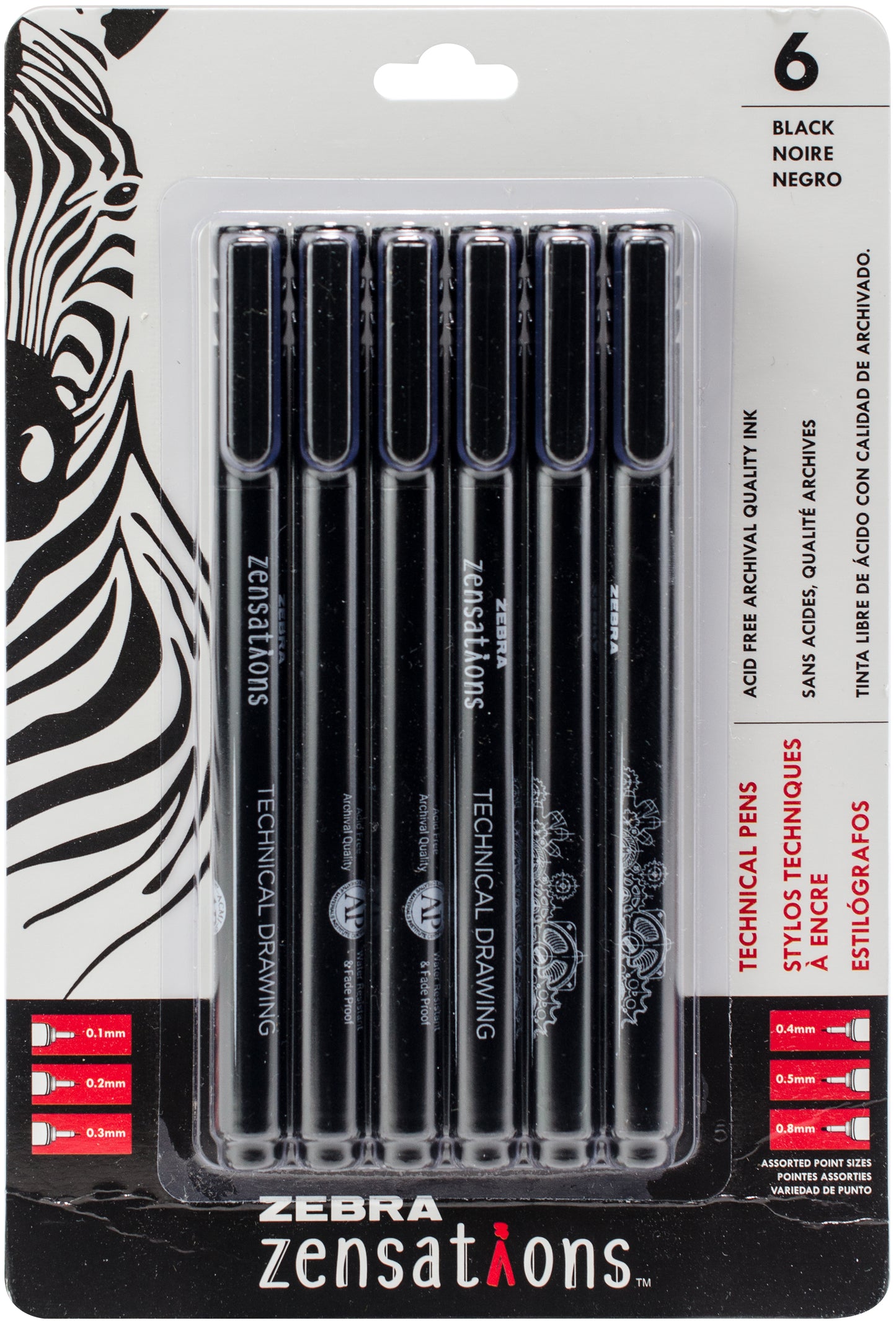 Zebra Zensations Technical Pens 6/Pkg-Black, Assorted Point Sizes