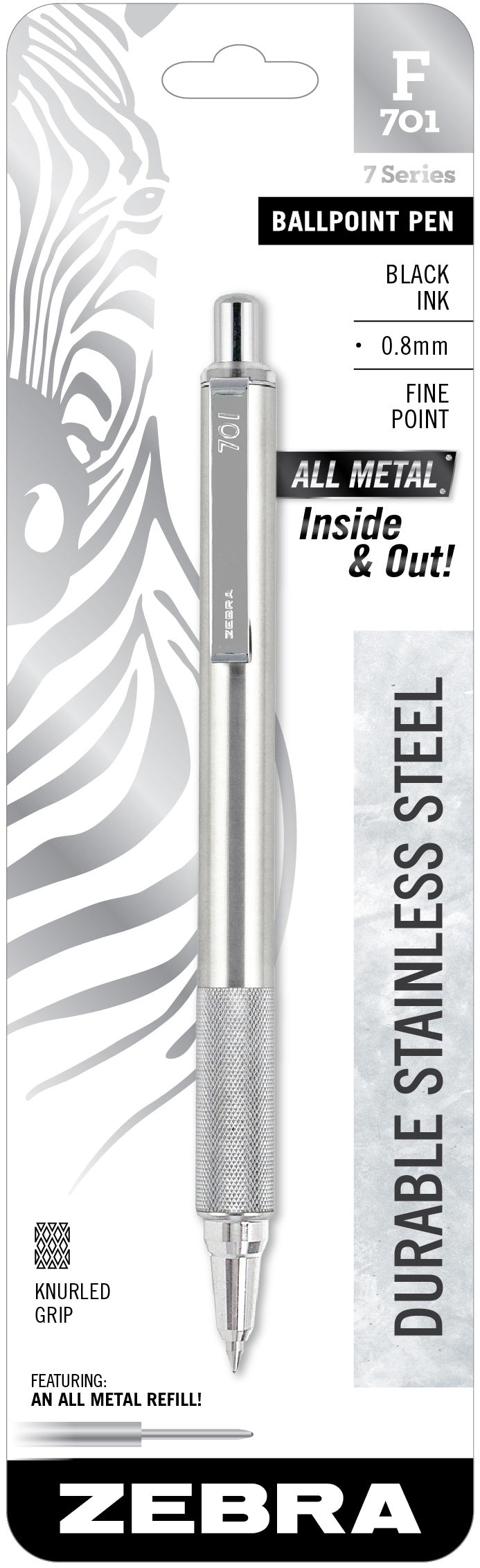 Zebra F-701 Stainless Steel Ballpoint Pen .8mm-Black