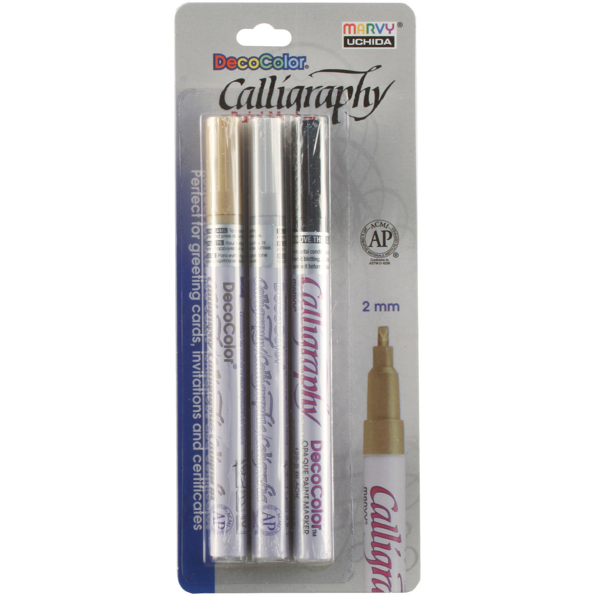 Uchida DecoColor Calligraphy Opaque Paint Marker Set 3/Pkg-2mm - Gold, Silver & Black