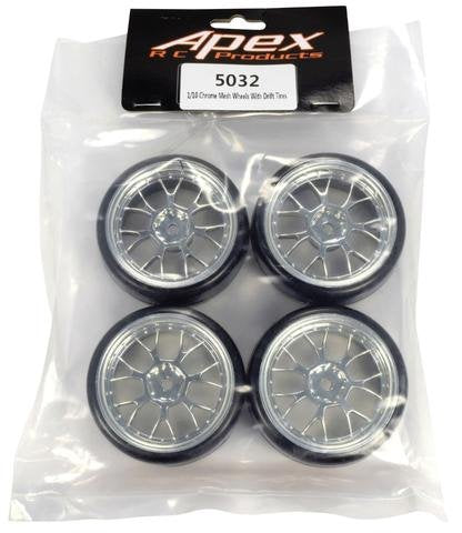 APEX RC PRODUCTS 1/10 ON-ROAD CHROME MESH WHEELS & DRIFT TIRE SET #5032