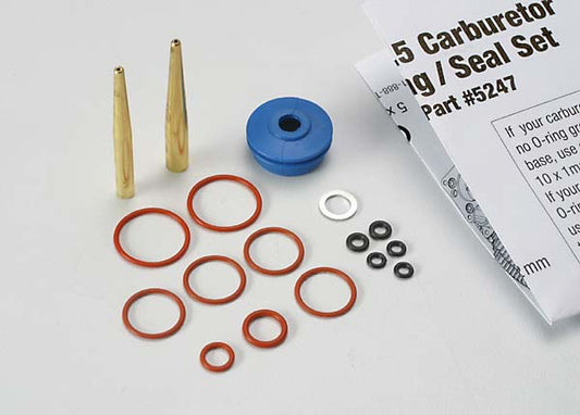 O-ring and seal set carburetor/ O-rings: 2x1mm (3) 10x1mm (4) 2.5x1.15mm (2) 6.2x1.2mm (1)/ 5x.9mm O-ring installation tool/ 5.3x7.8x.6mm crush washer (2)/ carburetor dust boot (1) (TRX 2.5 2.5R)