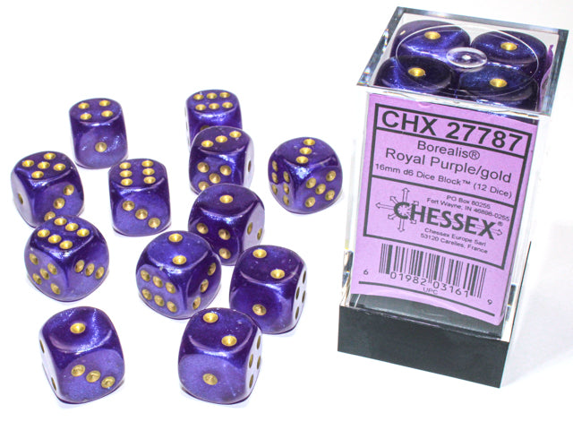 Borealis 16mm d6 Royal Purple/gold Luminary Dice Block (12 dice)