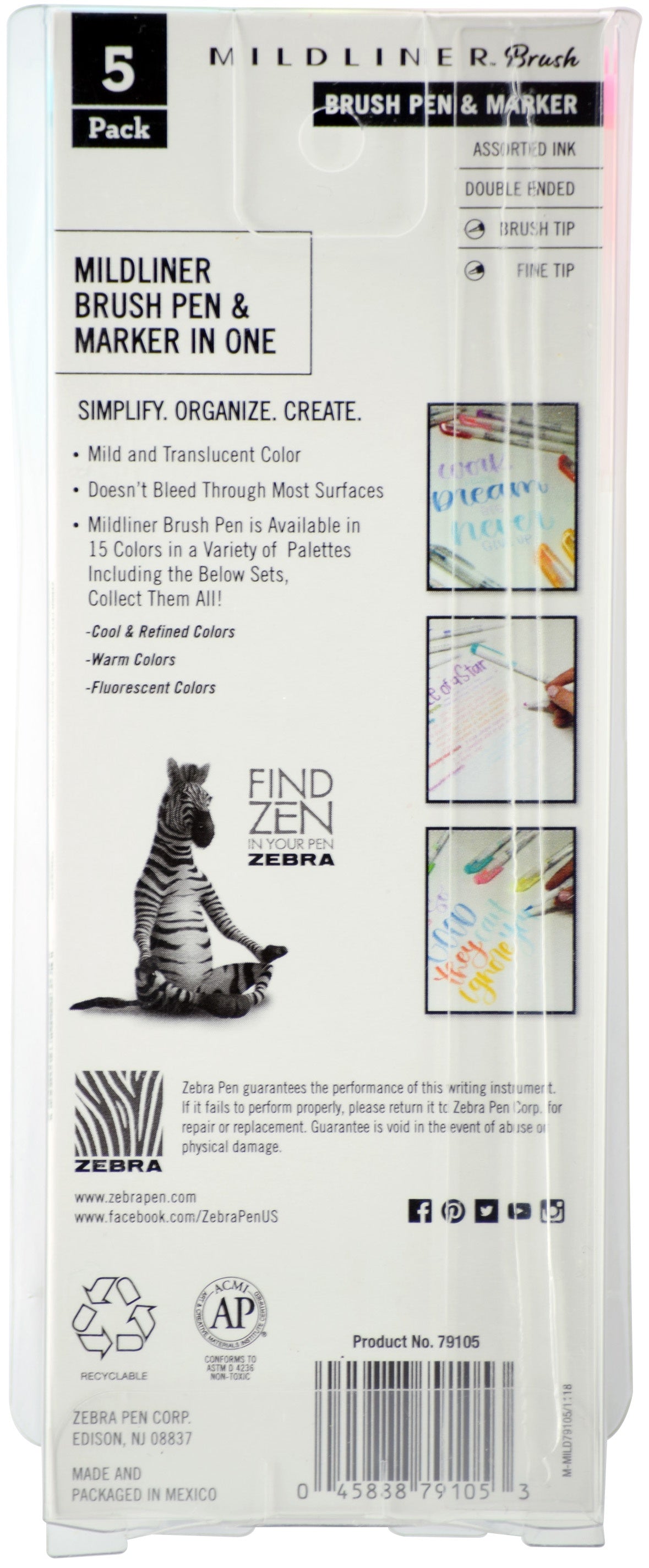 Zebra Mildliner Double Ended Brush Pen & Marker 5/Pkg-Fluorescent