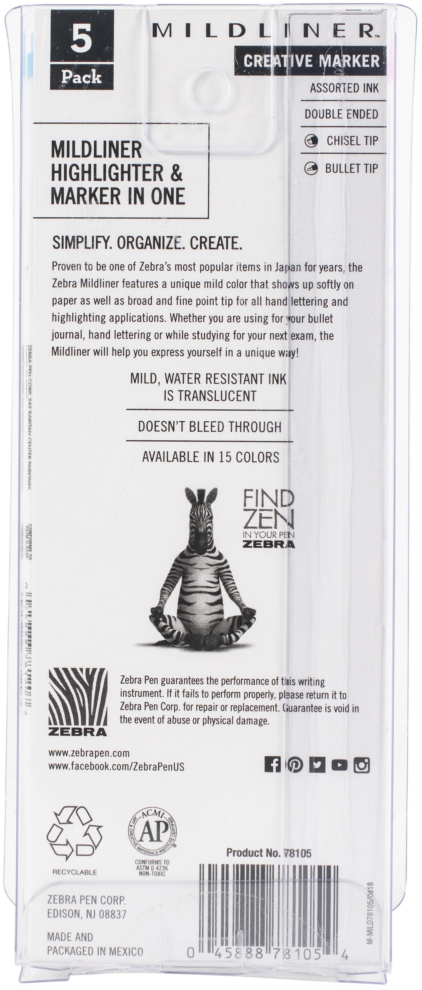Zebra Mildliner Double Ended Marker Bold & Fine Point 5/Pkg-Fluorescent