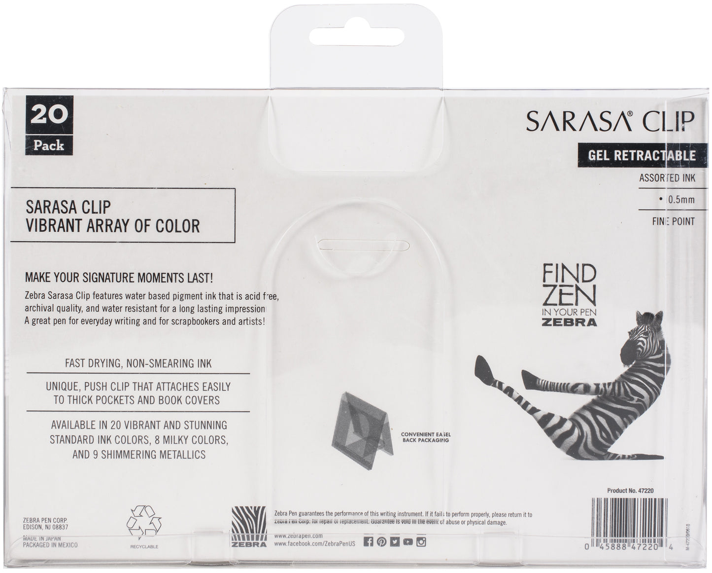 Zebra Sarasa Clip 0.5mm Fine Point Gel Ink Pens 20/Pkg-Assorted Colors