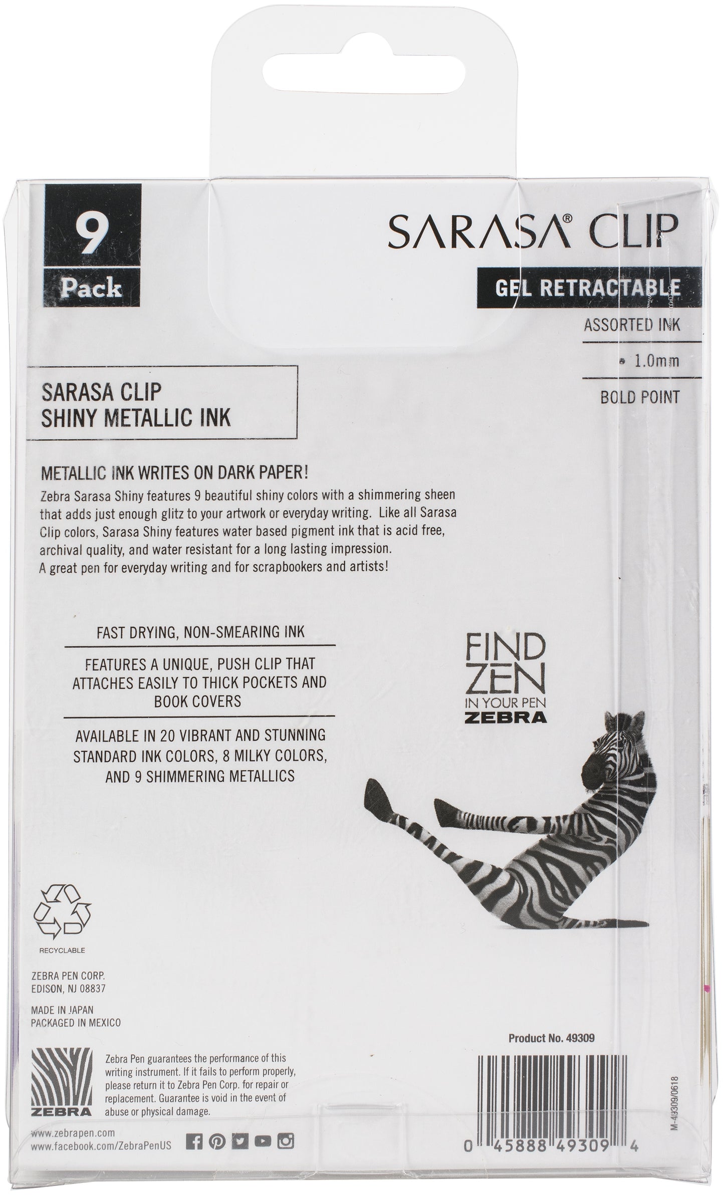Zebra Sarasa Clip 1.Omm Bold Point Gel Ink Pens 9/Pkg-Shiny -Assorted Colors