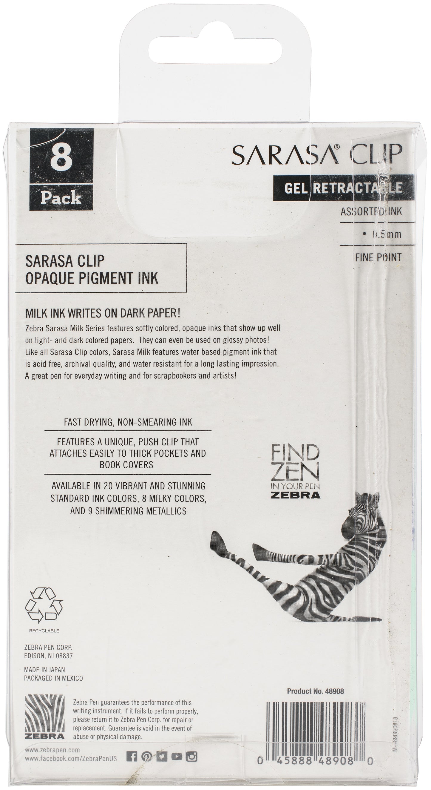 Zebra Sarasa Clip 0.5mm Fine Point Gel Ink Pens 8/Pkg-Milky -Assorted Colors