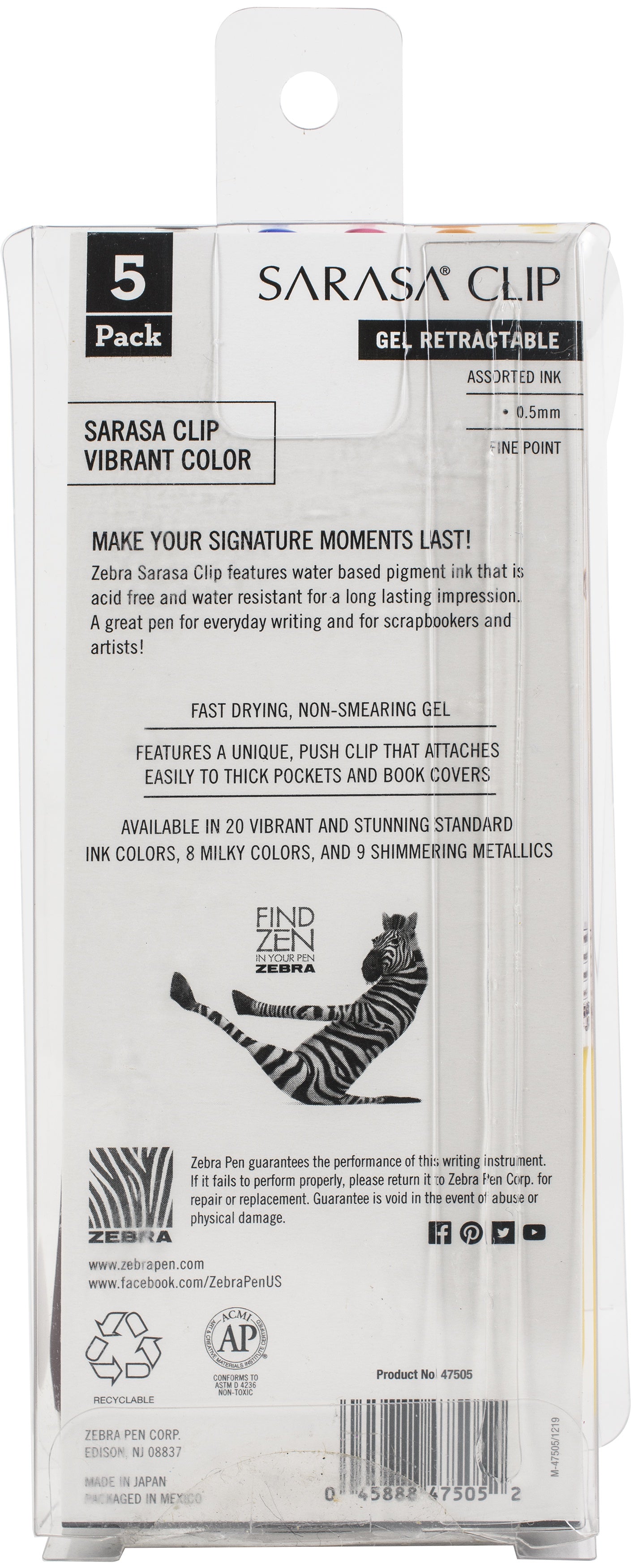 Zebra Sarasa Clip 0.5mm Fine Point Gel Ink Pens 5/Pkg-Friendly -Assorted Colors