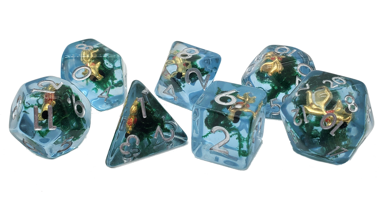 Old School 7 Piece DnD RPG Dice Set: Animal Kingdom - Gold Fish Pond