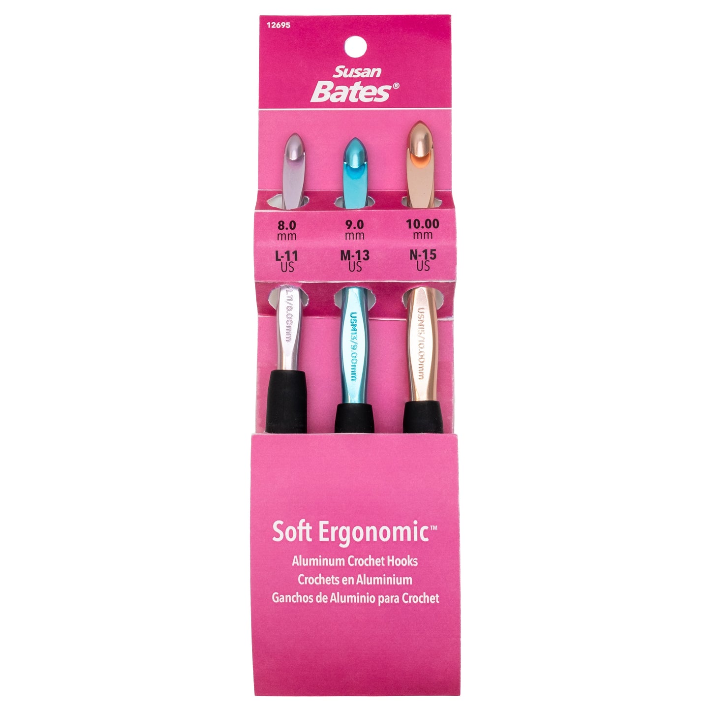 Susan Bates Silvalume Soft Ergonomic Crochet Hook Set-Sizes L11/8mm, M13/9mm, and N15/10mm