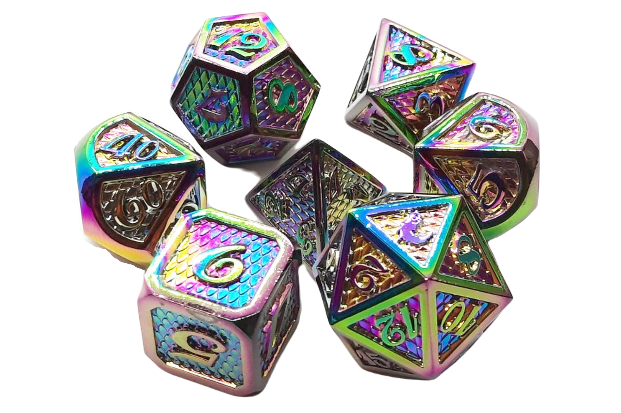 Old School 7 Piece DnD RPG Metal Dice Set: Dragon Scale with Spectral