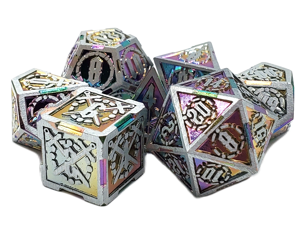 Old School 7 Piece DnD RPG Metal Dice Set: Knights of the Round Table - Spectral with Silver