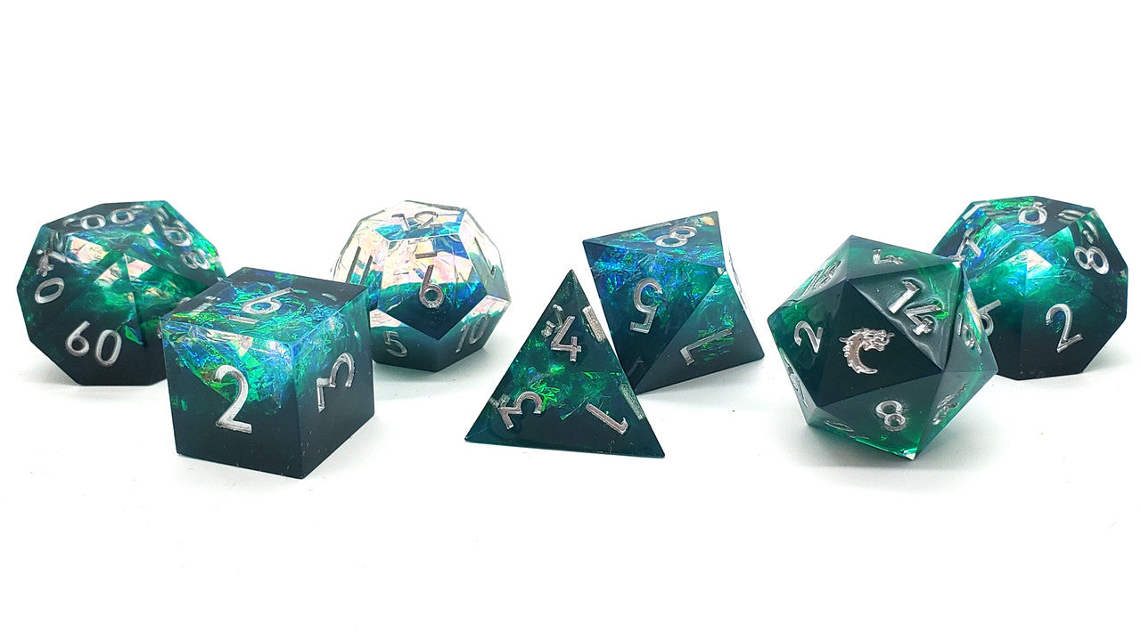 Old School 7 Piece DnD RPG Dice Set: Sharp Edged - Emerald Forest