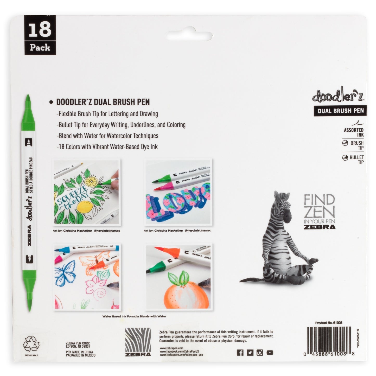 Zebra Doodlerz Dual Brush Pens 18/Pkg-Assorted