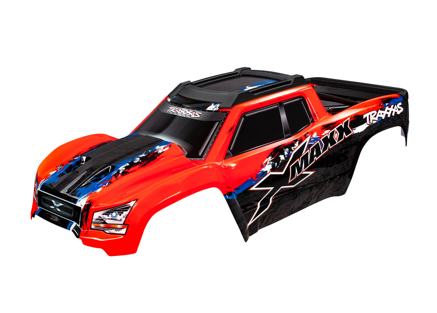 Body X-Maxx red (painted decals applied) (assembled with front & rear body mounts rear body support and tailgate protector)