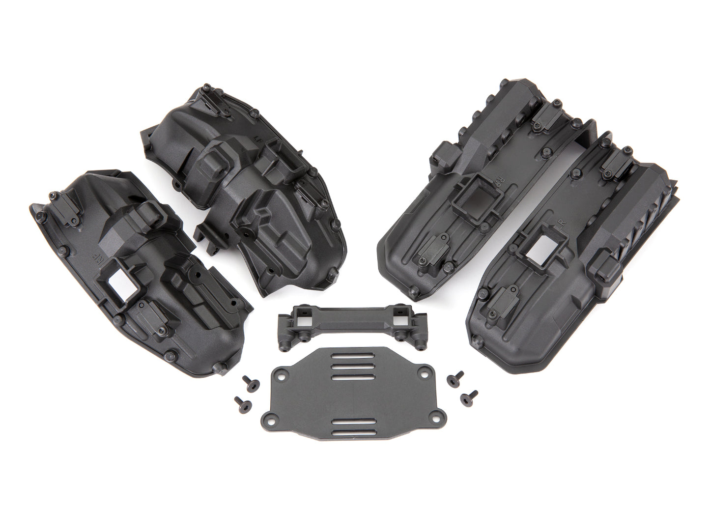 Fenders inner (narrow) front & rear (for clipless body mounting) (2 each)/ rock light covers (8)/ battery plate/ body mount/ 3x8 flat-head screws (4)/ 2.5x6 CS (10)