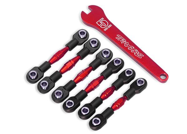 Turnbuckles aluminum (red-anodized) camber links 32mm (front) (2)/ camber links 28mm (rear) (2)/ toe links 34mm (2)/ aluminum wrench