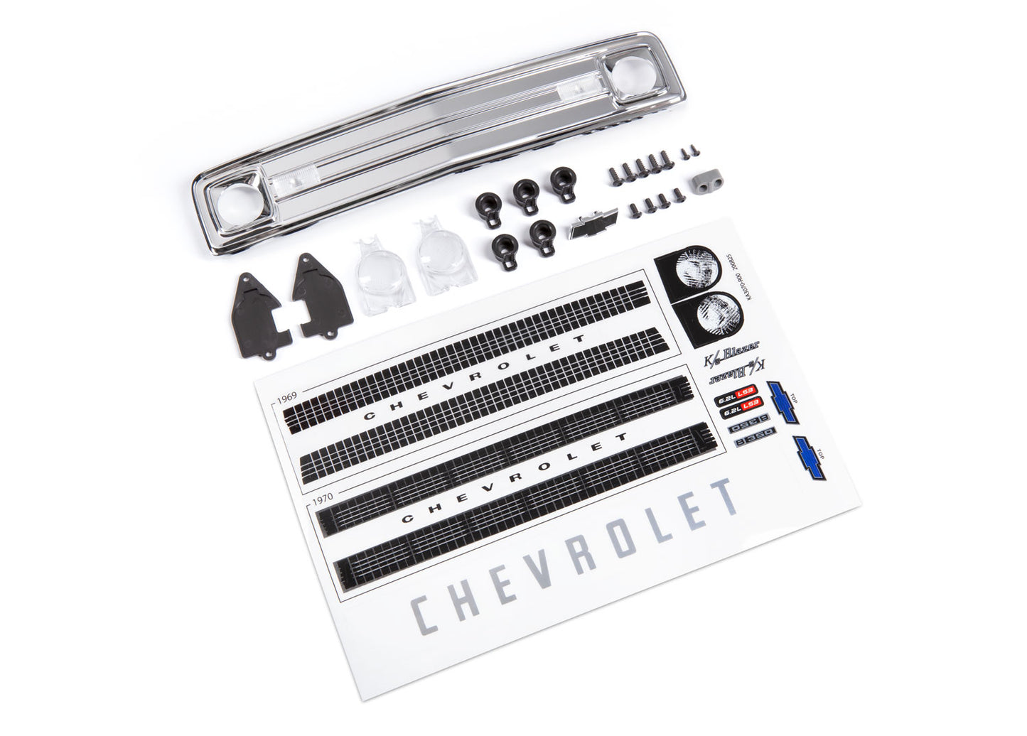 Grille Chevrolet Blazer (1969 - 1970)/ grille retainers (5)/ headlight housing (2)/ headlight lens (2)/ turn signal lens (2)/ hood emblem/ hood emblem mount/ 2.6x8 BCS (5)/ 2.5x6 BCS (4)/ 1.6x5 BCS (self-tapping) (2) (fits #9112 body)