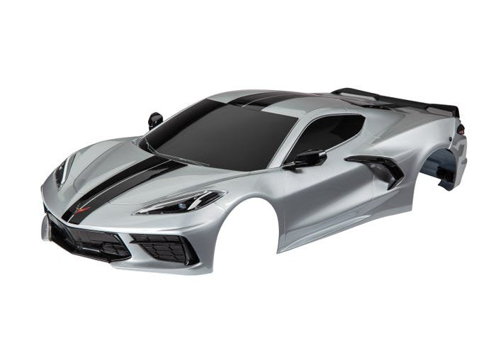 Body Chevrolet Corvette Stingray complete (silver) (painted decals applied) (includes side mirrors spoiler grilles vents & clipless mounting)