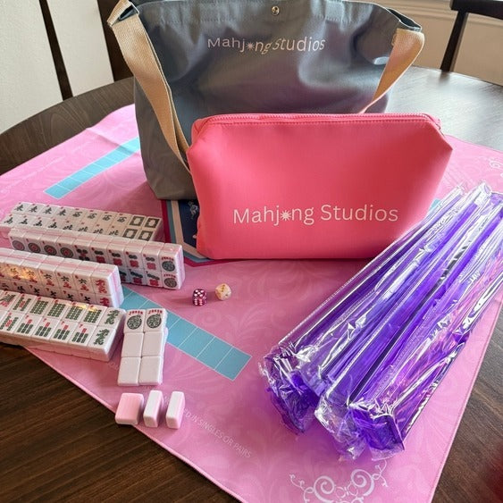 All In One - Mahjong Bundle - American Mahjong Set 166 Tiles - Blue & Tan Bag Pink Mat 2-color Pink Tiles | Purple