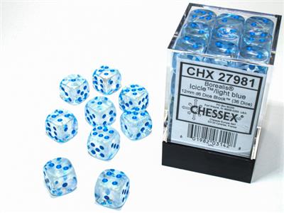 Borealis 12mm d6 Icicle/light blue Luminary Dice Block (36 dice) - copy