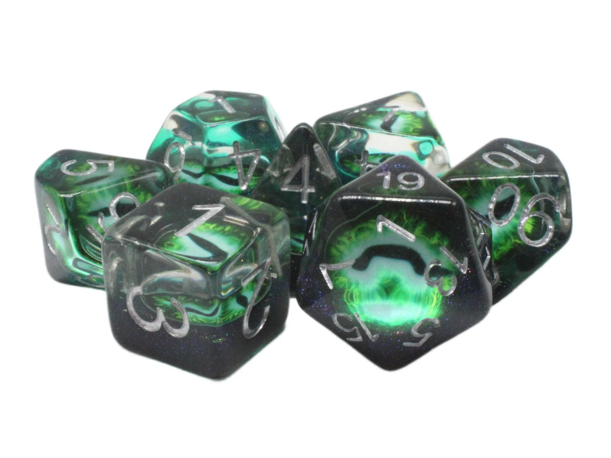 Old School 7 Piece DnD RPG Dice Set: Infused - Dragon Eye - Green - New