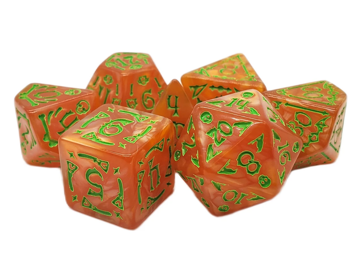 Old School 7 Piece DnD RPG Dice Set: Rune Dice - All Hallows Eve - Orange w/ Green