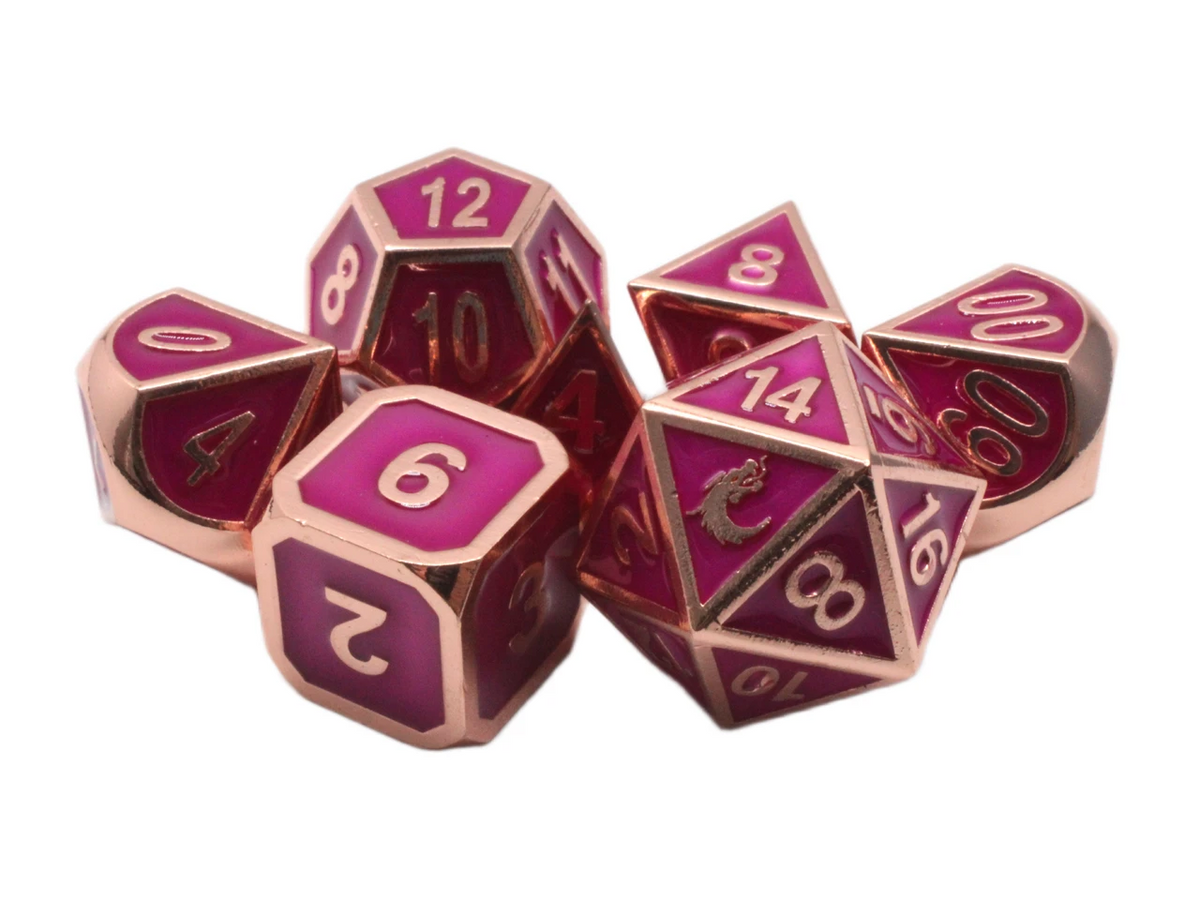 Old School 7 Piece DnD RPG Metal Dice Set: Elven Forged - Fuchsia w/ Copper