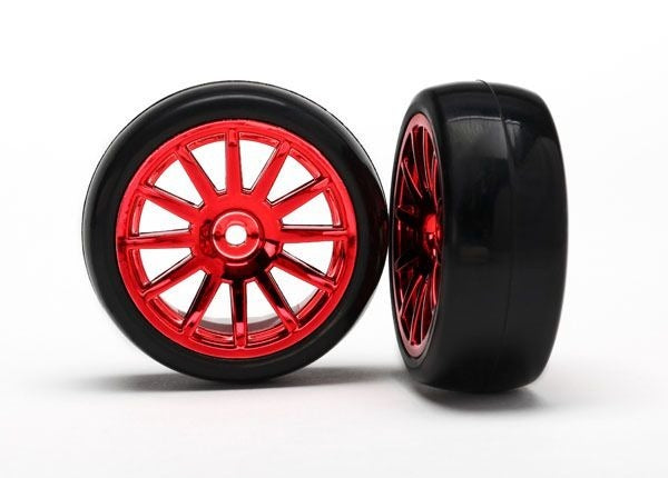 Tires & wheels assembled glued (12-spoke red chrome wheels slick tires) (2)