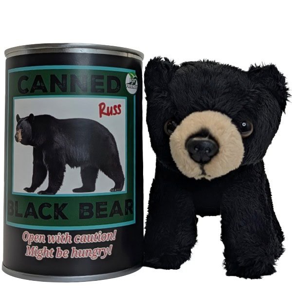 Russ the Canned Black Bear | Stuffed Zoo Plush w/Jokes |Gift: Pop Top Lid