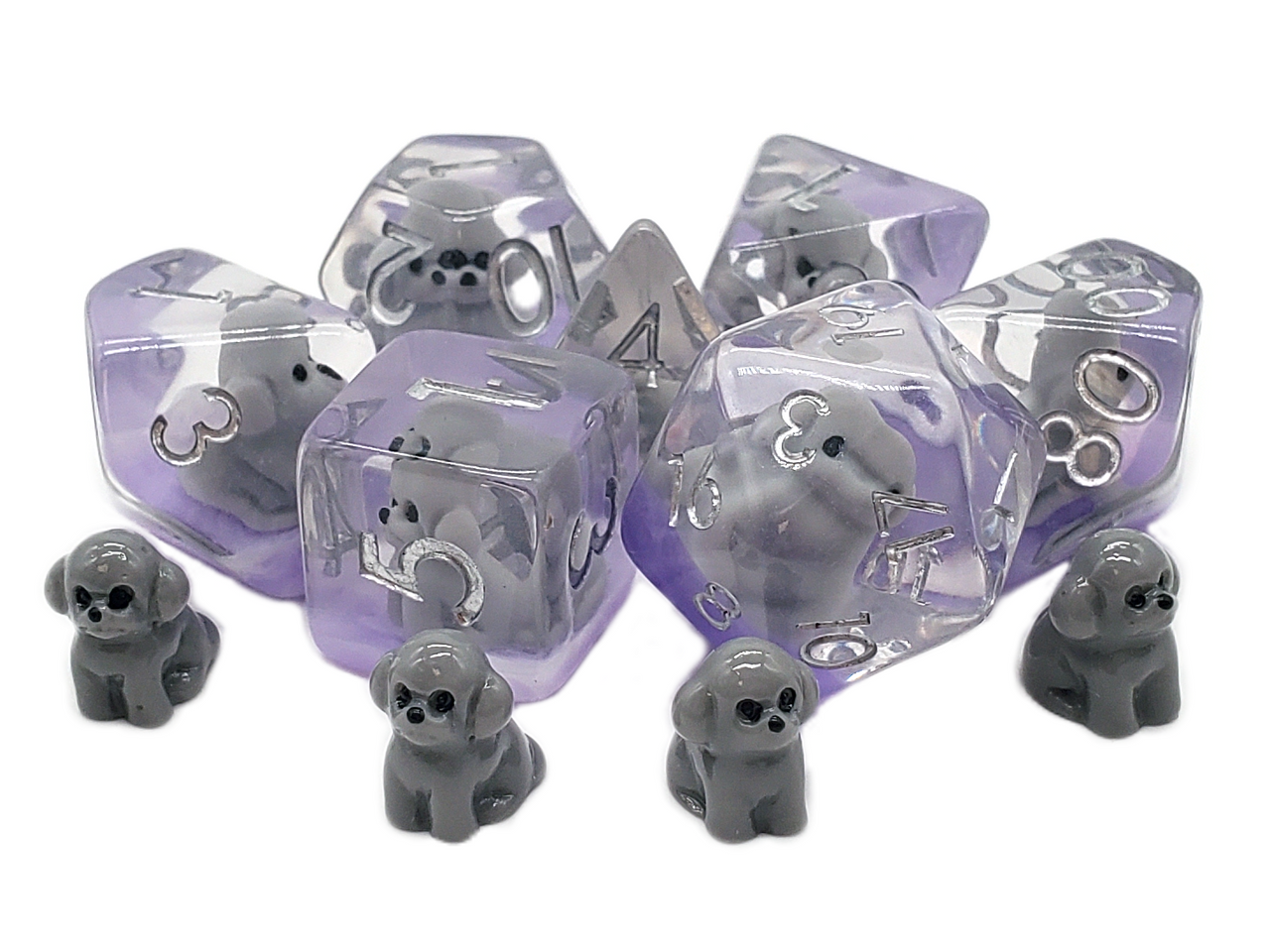 Old School 7 Piece DnD RPG Dice Set: Animal Kingdom - Puppy Dog - Grey