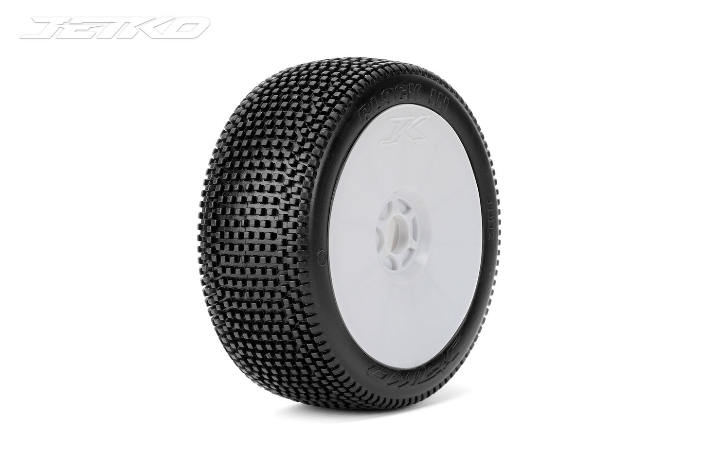 Block In 1/8 Buggy Tires Mounted on White Dish Rims,