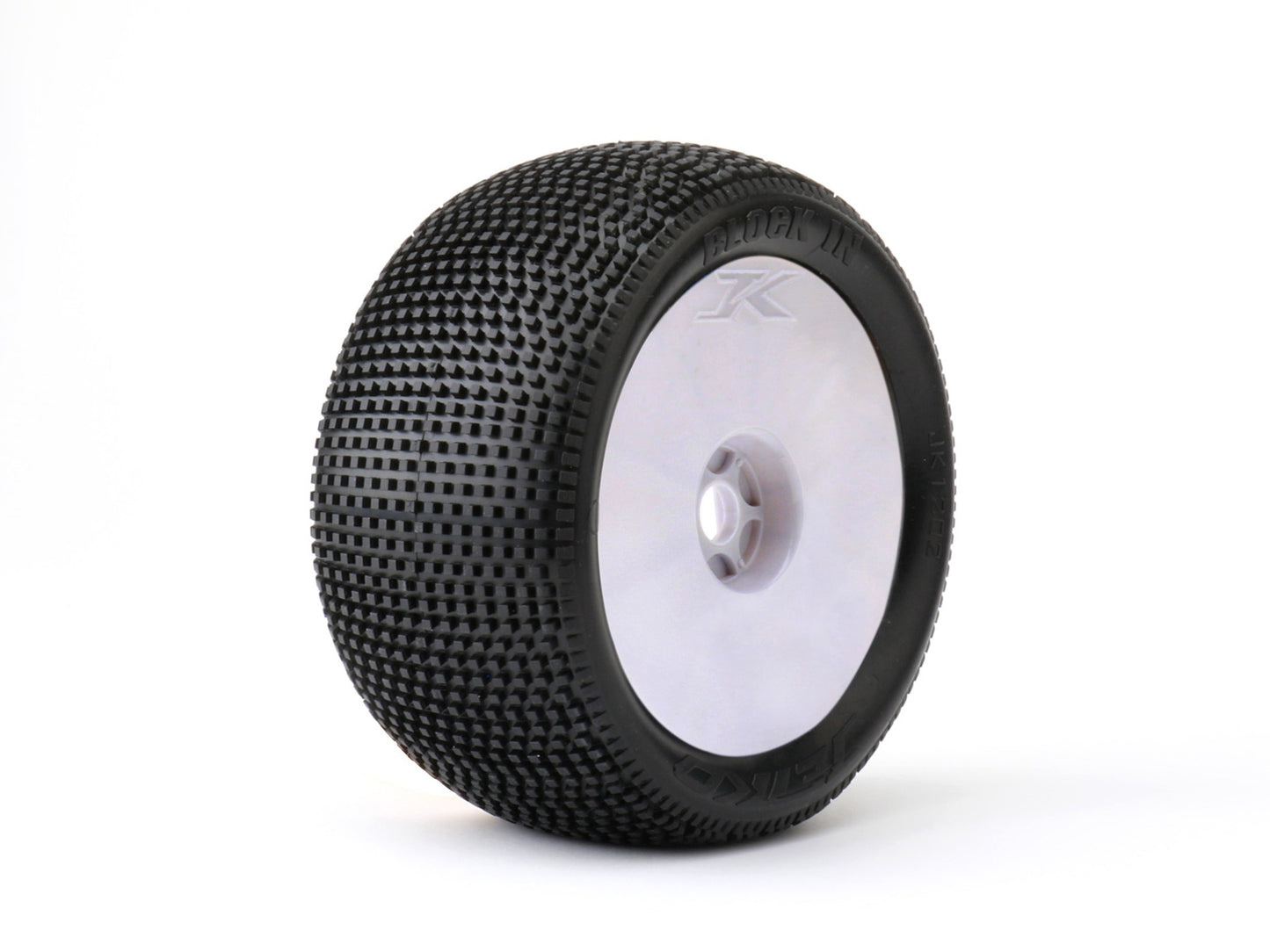 Block In 1/8 Truggy Tires Mounted on White Dish Rims,