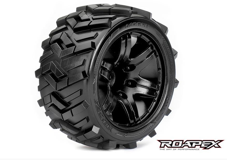 Morph 1/10 Stadium Truck Tires Mounted on Black Wheels 1/2 Offset 12mm Hex (1 pair)