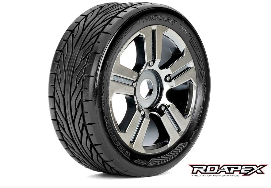 Trigger 1/8 Buggy Tires Mounted on Chrome Black Wheels 17mm Hex (1 pair)