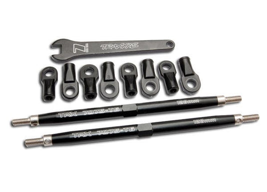 Toe links Revo (TUBES 7075-T6 aluminum black)(128mm fits front or rear) (2)/ rod ends rear (4)/ rod ends front (4)/ wrench (1)