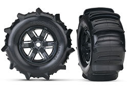 Tires & wheels assembled glued (X-Maxx black wheels paddle tires foam inserts) (left & right) (2)