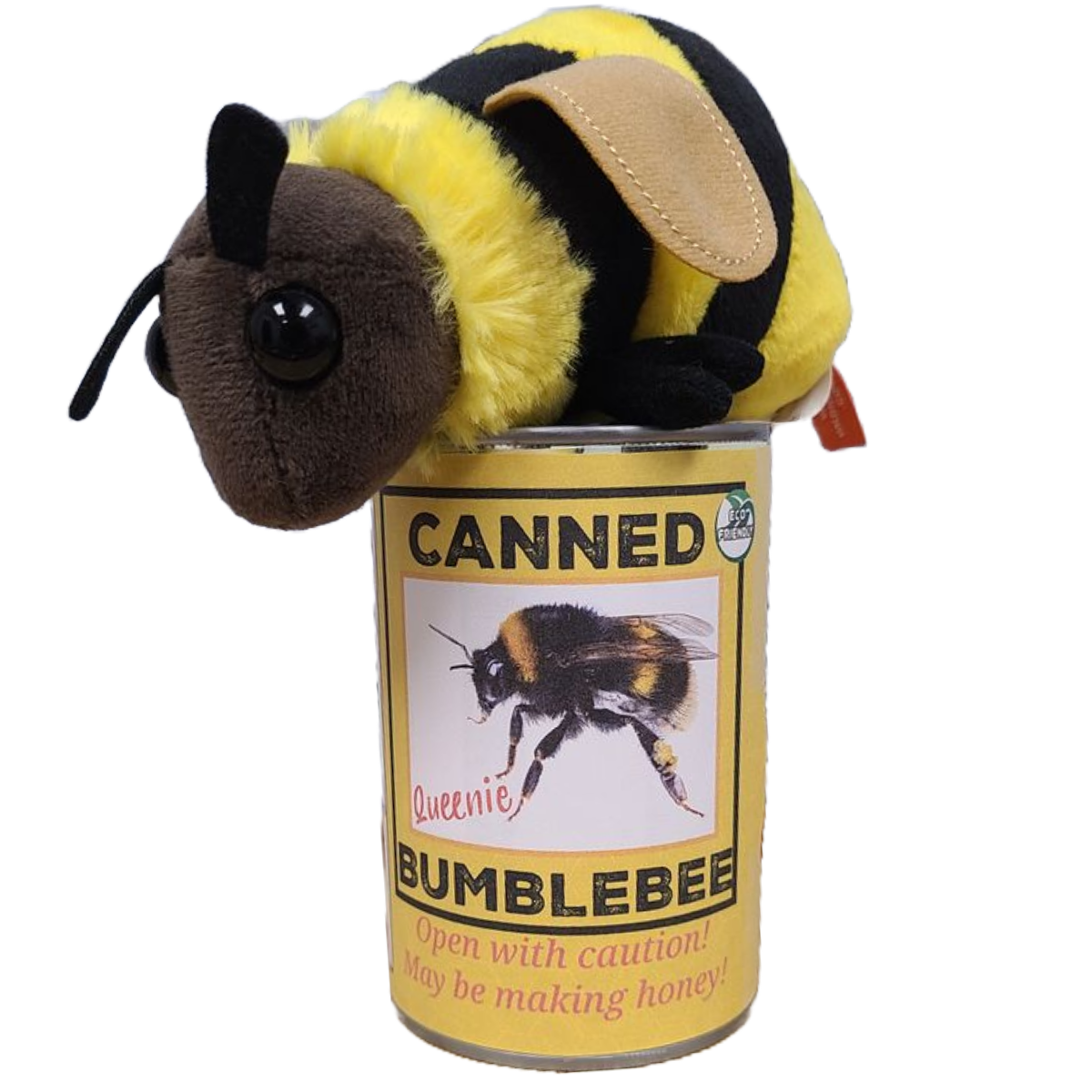Queenie the Canned Bumblebee - Eco-Friendly Recycled Plush: Pop Top Lid