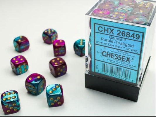 Gemini 12mm d6 Purple-Teal/gold Dice Block (36 dice)