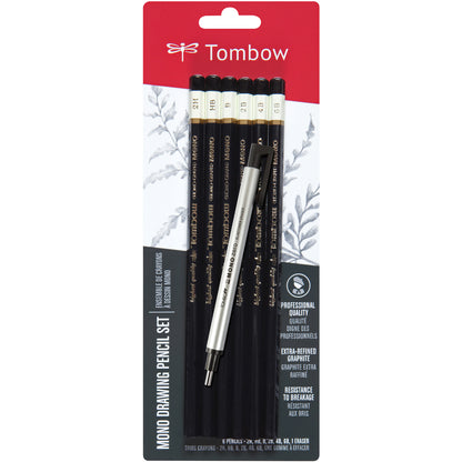 Tombow MONO Drawing Pencils 6/Pkg & Eraser Set-2H, HB, B, 2B, 4B & 6B