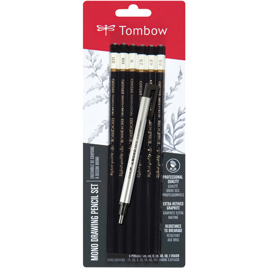 Tombow MONO Drawing Pencils 6/Pkg & Eraser Set-2H, HB, B, 2B, 4B & 6B
