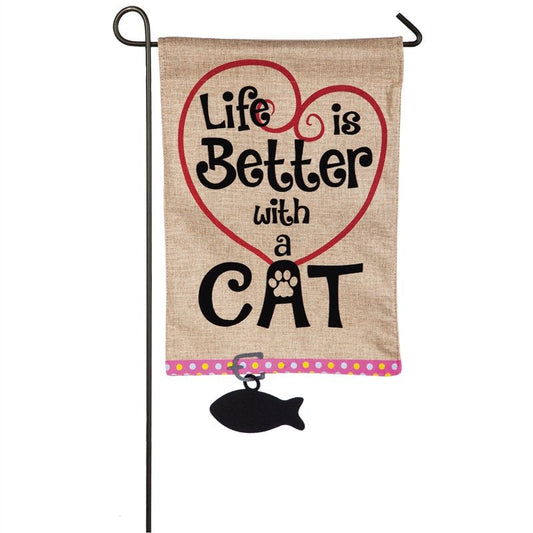 Life is Better with Cat Garden Burlap Flag