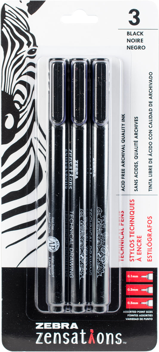 Zebra Zensations Technical Pens 3/Pkg-Black, Assorted Point Sizes