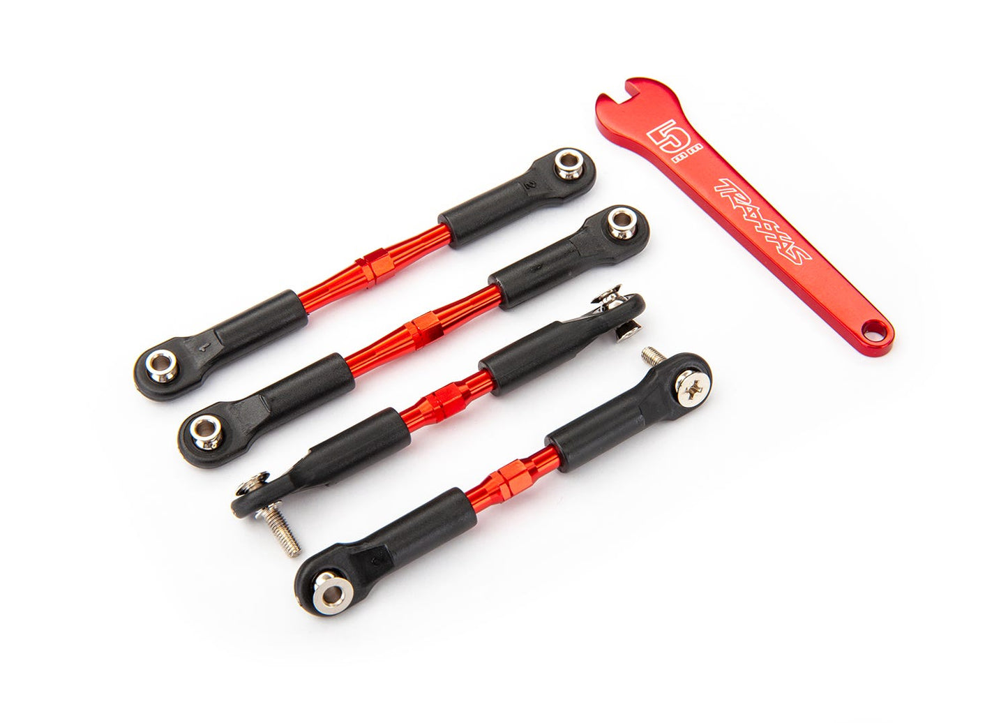 Turnbuckles aluminum (red-anodized) camber links front 39mm (2) camber links rear 49mm (2) (assembled with rod ends & hollow balls)/ aluminum 5mm wrench (red-anodized)