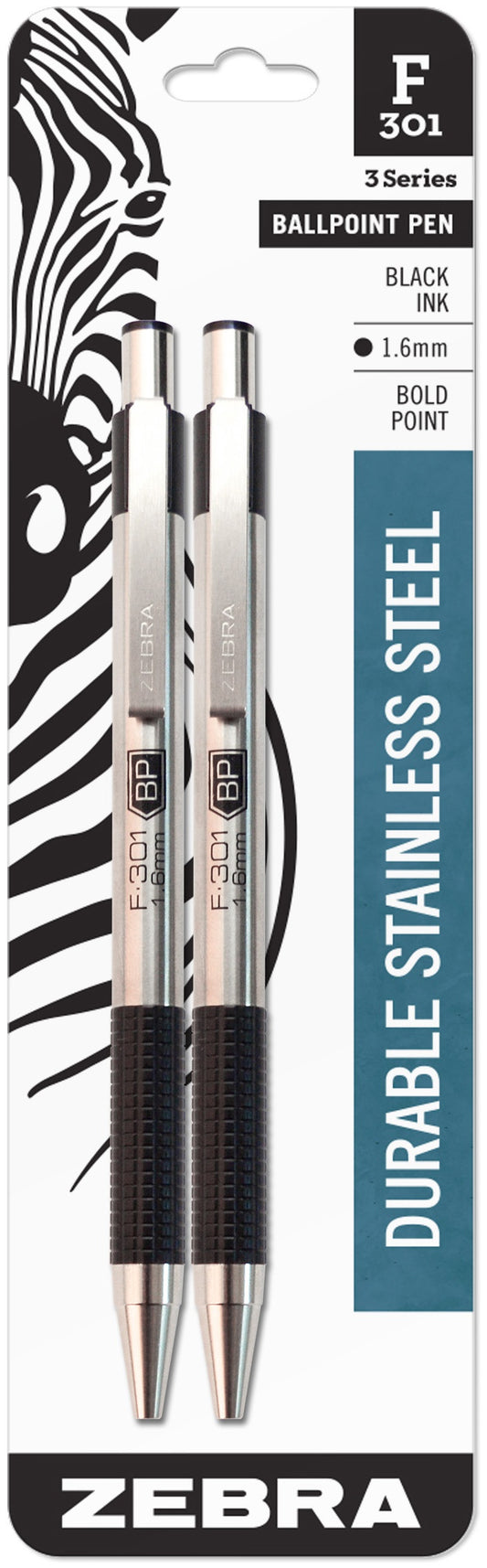 Zebra F-301 Stainless Steel Ballpoint Pen 1.6mm 2/Pkg-Black