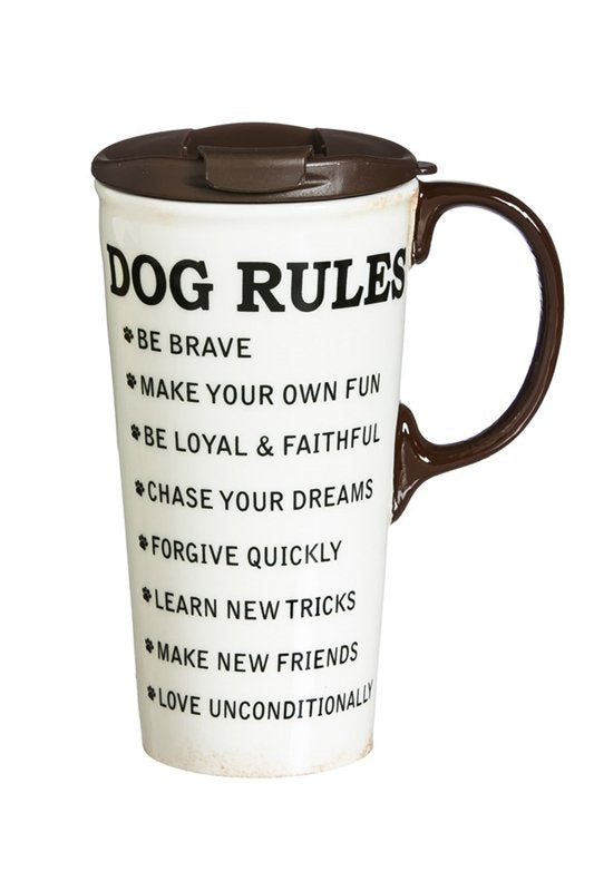 Ceramic Travel Cup w/ metallic accents 17 OZ Dog Rules