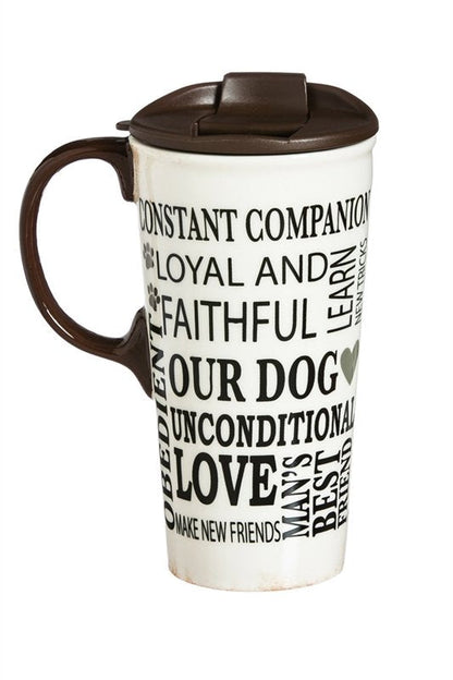 Ceramic Travel Cup w/ metallic accents 17 OZ Dog Rules